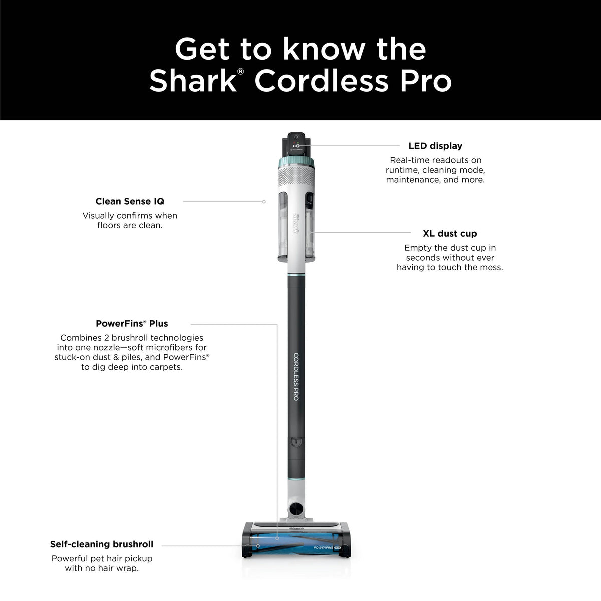 Shark® Cordless Pro Stick Vacuum with Clean Sense IQ Technology, Power Fins PLUS Brushroll, Crevice Tool Included, HEPA Filtration, IZ540H