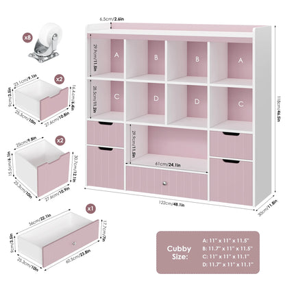 Homfa Kids Toy Storage Organizer with Cubby, Kids Toy Storage Chest with Removable Drawers, Kids Bookcase for Playroom Bedroom Living Room, Pink