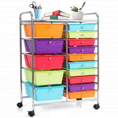 Costway 15 Drawer Rolling Storage Cart Tools Scrapbook Paper Office School Organizer White