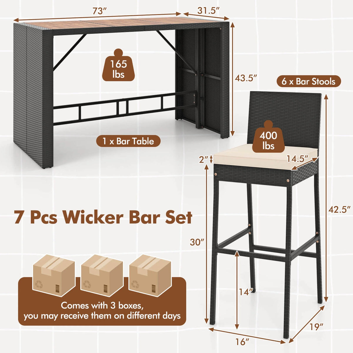 Costway 7 Pieces Patio Bar Set with Acacia Wood Tabletop & Removable Cushions Outdoor