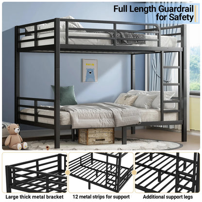Miniyam Full over Full Metal Bunk Bed Frame with Dual Guardrails and Ladders, Heavy-Duty Quiet Design, Black
