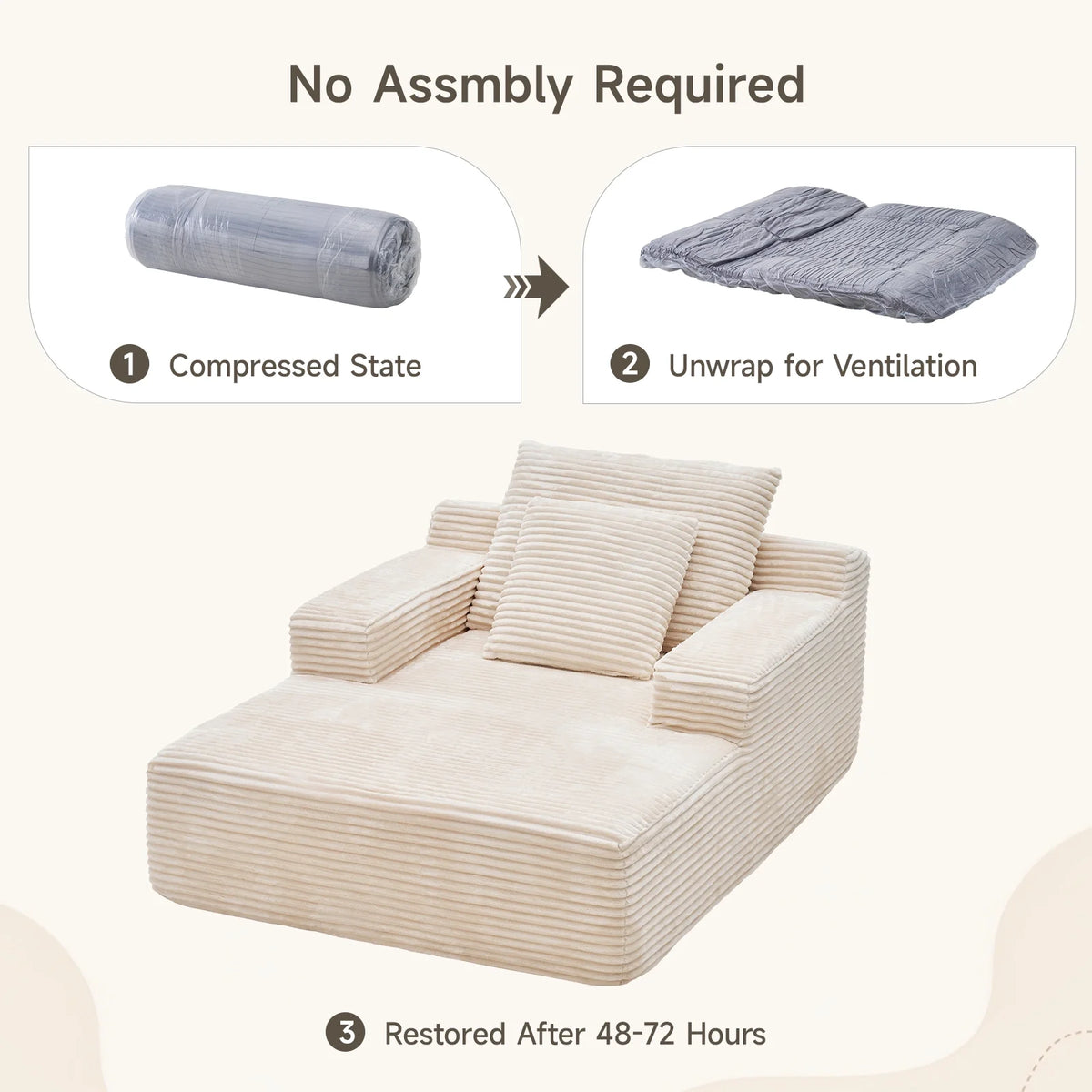 65" Corduroy Cloud Sleeper Chaise Lounge Chair, No Assembly Sofa Bed with Pillows, Beige
