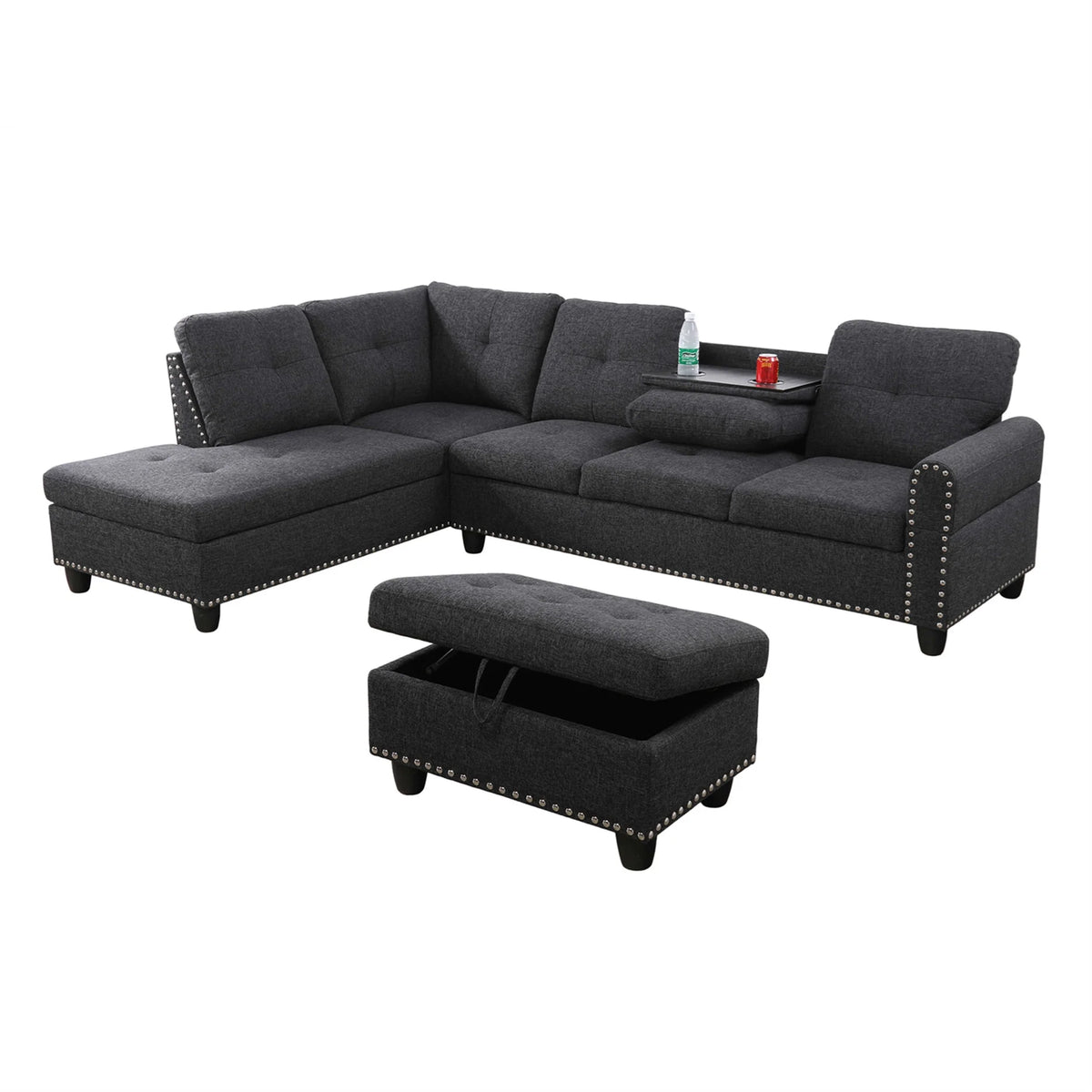 Aukfa 3 Piece Sectional Sofa, Living Room Couch with Storage Ottoman&Cup Holder, Linen, Right Hand, Purple