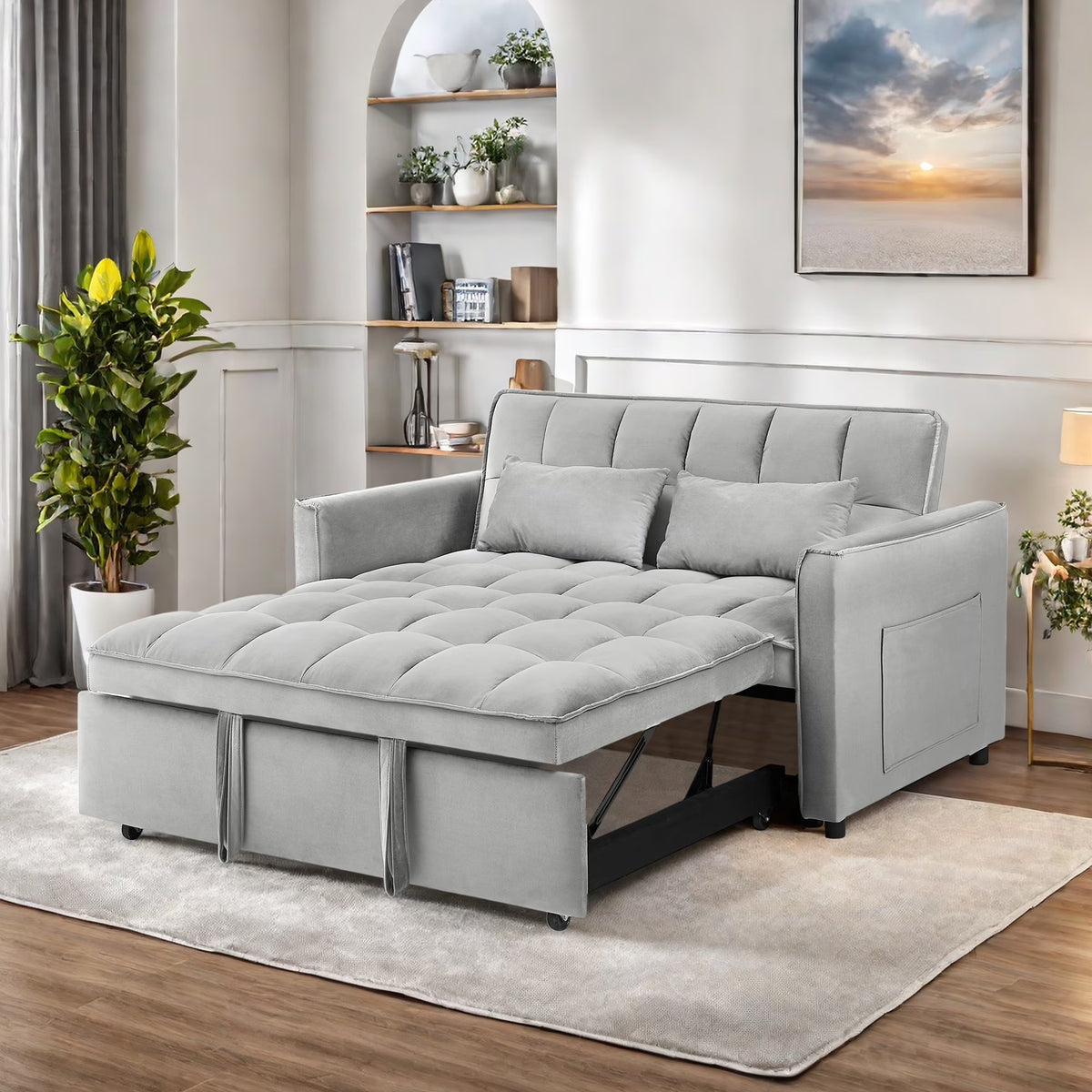 Convertible Sofa Bed,3-in-1 Sleeper Sofa with Pull Out Bed,Sleeper Futon Couch Loveseat with Adjsutable Backrest and Pillows for Living Room,Black