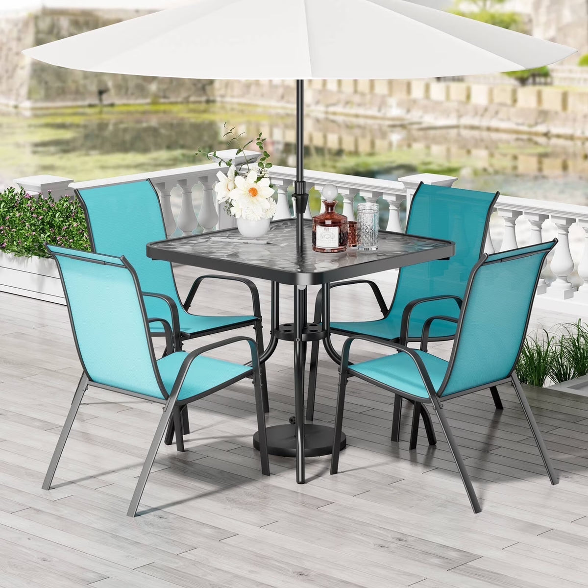Pirecart 5-Piece Outdoor Patio Dining Table Set with 4 Stackable Textilene Chairs for for Patio, Lawn, Garden, Gray