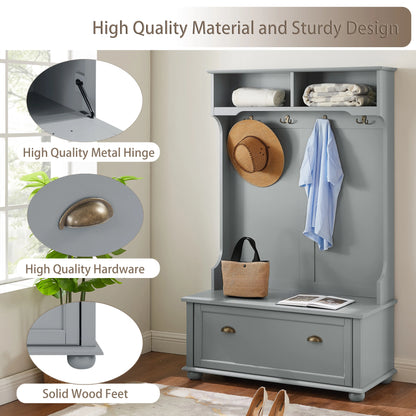 PORKISS Hall Tree, Wood Entryway Hall Tree with Open Shelves, Shoe Cabinets and Solid Wood feet, Coastal Style Hall Tree with Storage Bench, Modern Tree Entryway Bench for Living Room, White