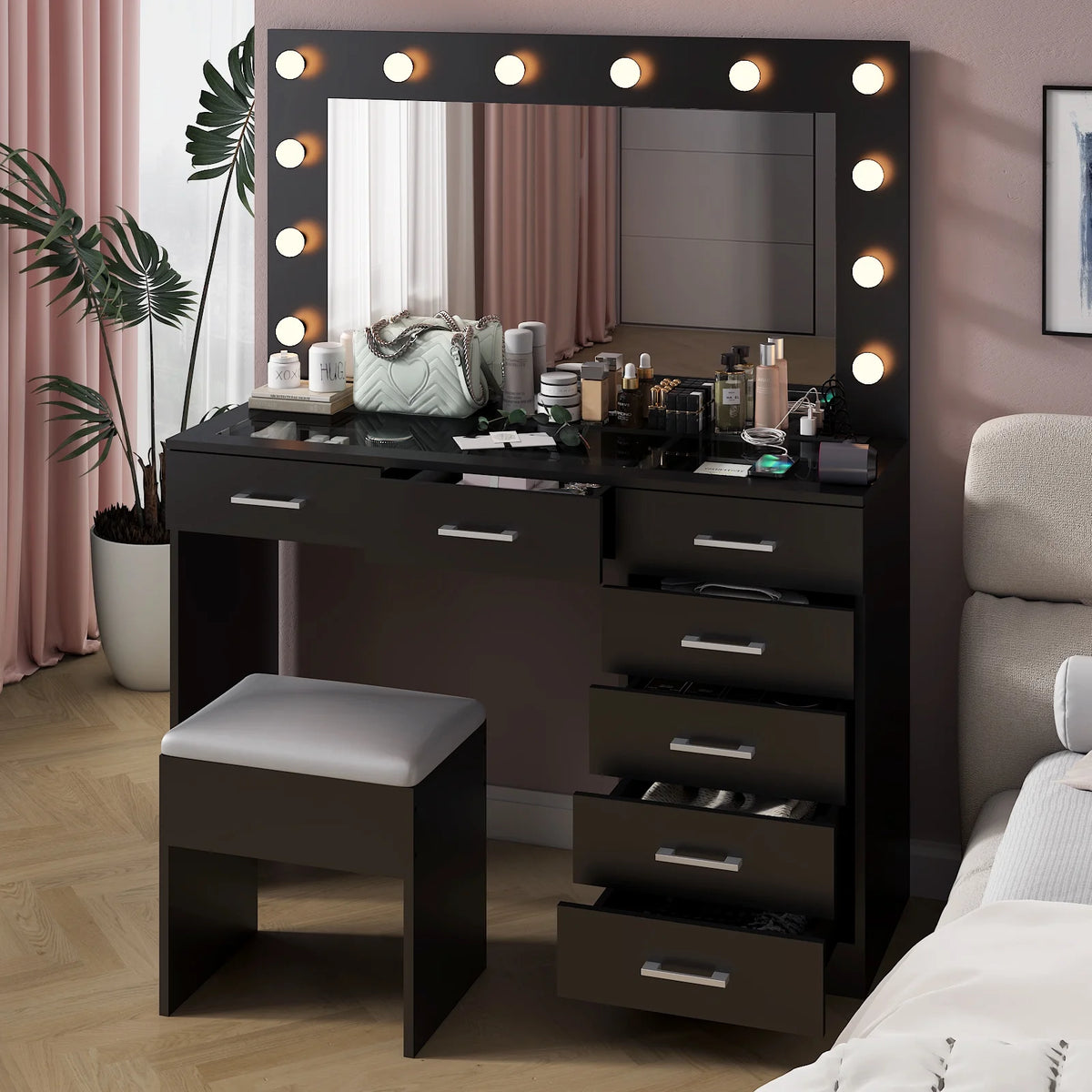 Ktaxon Large Makeup Vanity, Vanity Table Set w/ Visible Glass Top w/ Charging Station, White