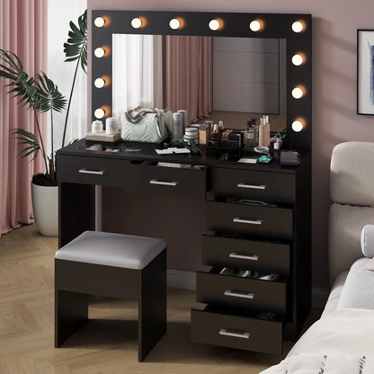 Ktaxon Large Makeup Vanity, Vanity Table Set w/ Visible Glass Top w/ Charging Station, White