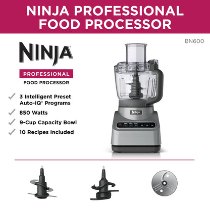 Ninja Professional 9 Cup Food Processor, 850 Watts, Auto-iQ 3 Presets, Chop, Dough, Slice, Shred, BN600 Silver