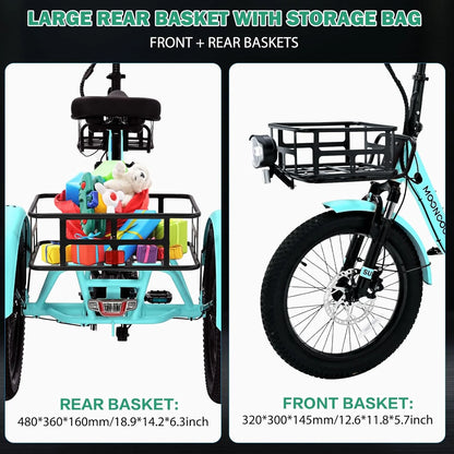 ABORON 3.0 Fat Tire Electric Trike for Senior Foldable E-Bike, 500W Motorized Tricycle Adult 20" Folding 3 Wheel Electric Commute Bike Trike w/48V Battery and Storage Baskets,