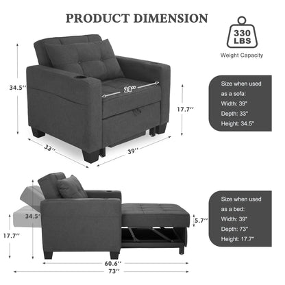 DURASPACE 3 in 1 Convertible Sleeper Chair Bed with Usb Port, Linen Pull Out Chair Indoor, Dark Gray