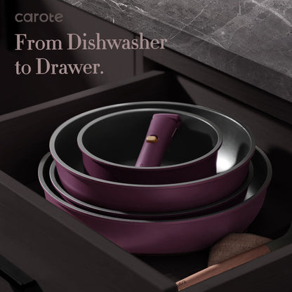 Carote 20 Pcs Nonstick Cookware Sets, Pots and Pans Set with Detachable Handles, Oven Safe, Induction Cookware, Stackable Kitchen Cooking Set, Ultra Violet