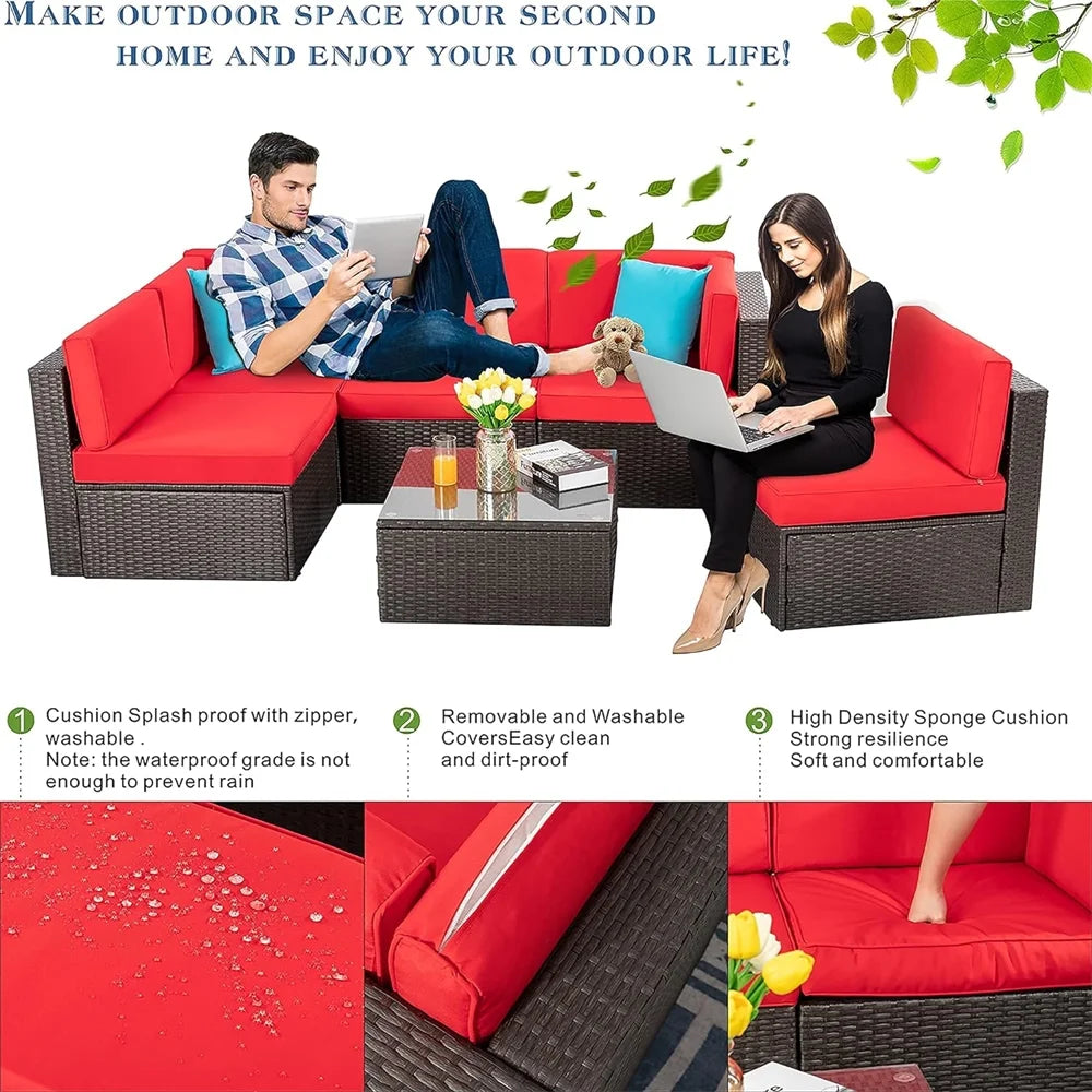 7 Pieces Outdoor Patio Furniture Set, Outdoor Sectional Rattan Sofa, PE Manual Weaving Wicker Patio Conversation Set with Cushion, Glass Table, Pillow, Dark Gray