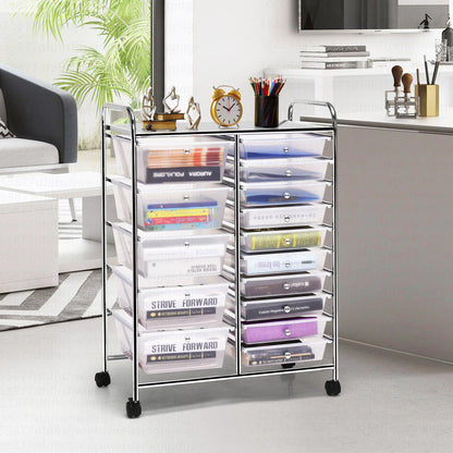 Costway 15 Drawer Rolling Storage Cart Tools Scrapbook Paper Office School Organizer White