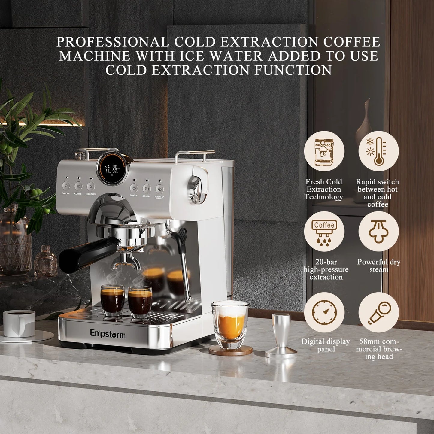 Empstorm 20 Bar Espresso Machine, Hot and Iced Coffee Machine with Cold Brew, Espresso Maker with Milk Frother,with 51oz Water Tank,for Latte, Cappuccino, Cold Brew
