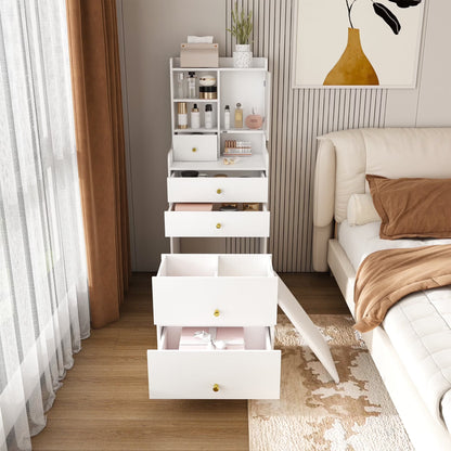 Montary Modern Mini Vanity w/Adjustable LED Mirror + Hidden Storage, Padded Stool & Dustproof Shelves (White)