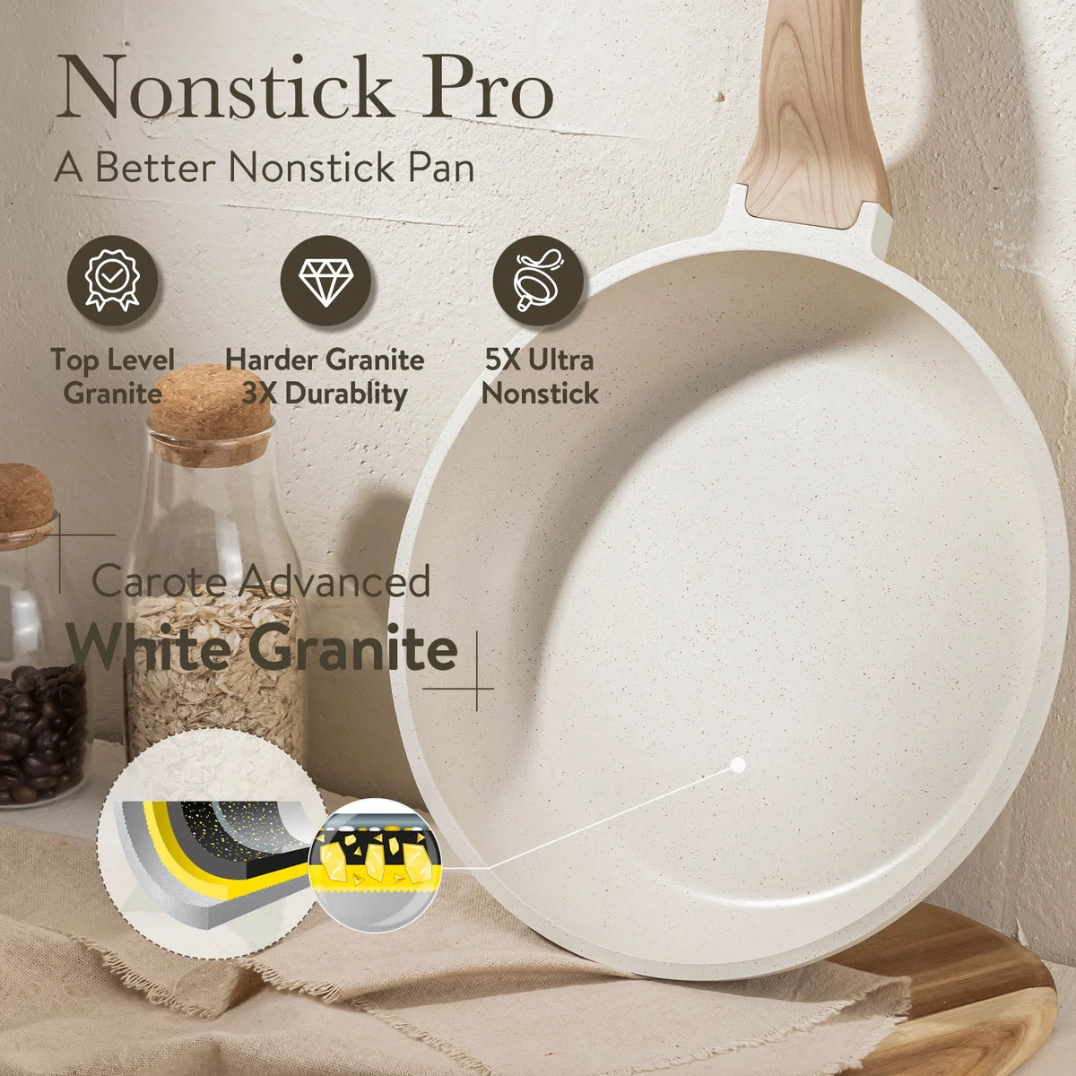 Carote Nonstick Cookware Sets, 24 Pcs Granite Non Stick Pots and Pans Set, Induction Cookware, White