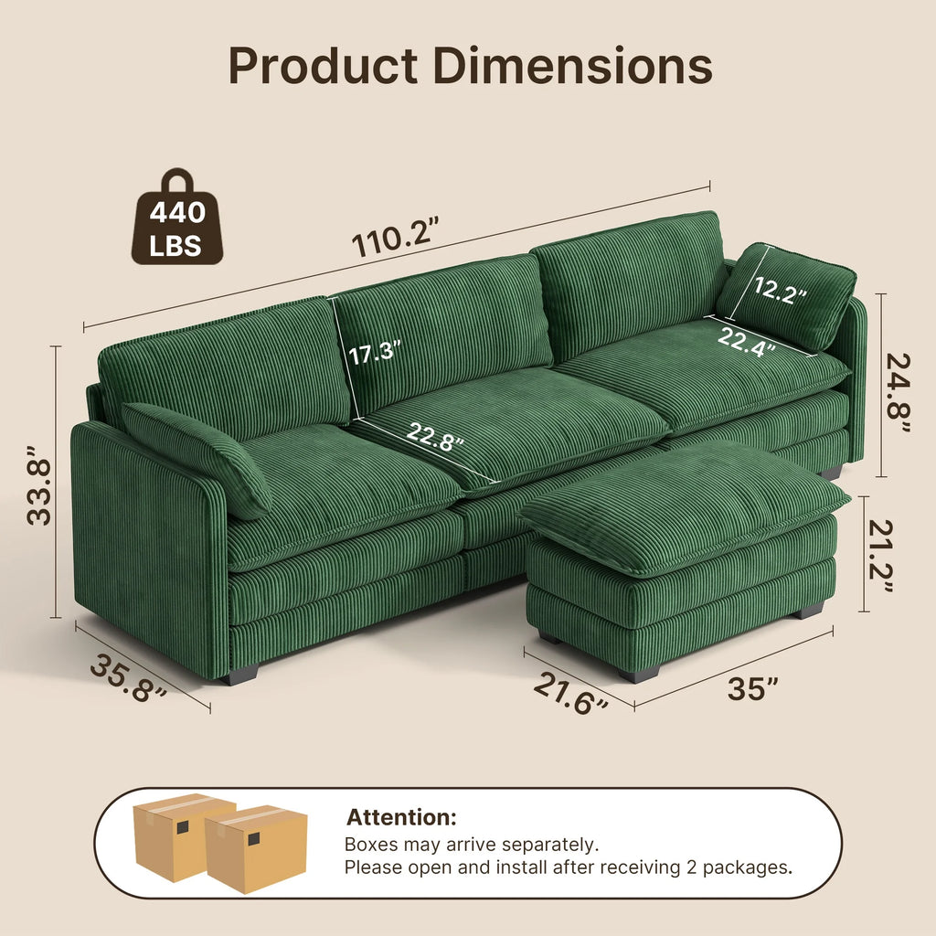 Lofka 110�� Modular Sectional Sofa Bed with Double Layer Cushions and Movable Ottoman, Modern Comfy Cloud Couch for Living Room, DIY Combination, Green