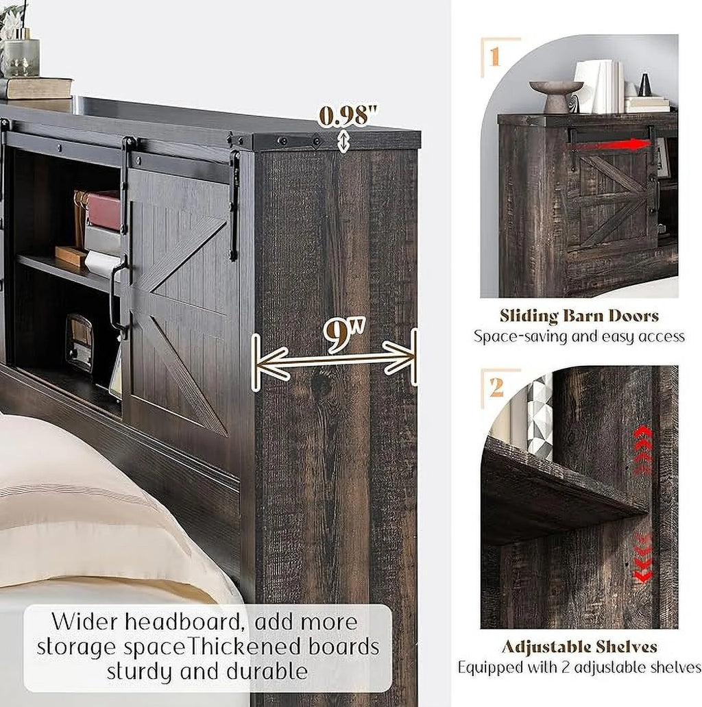 Merluxy Farmhouse Full Bed Frame with Storage Bookcase & Charging Station, Bedroom Furniture, Grey