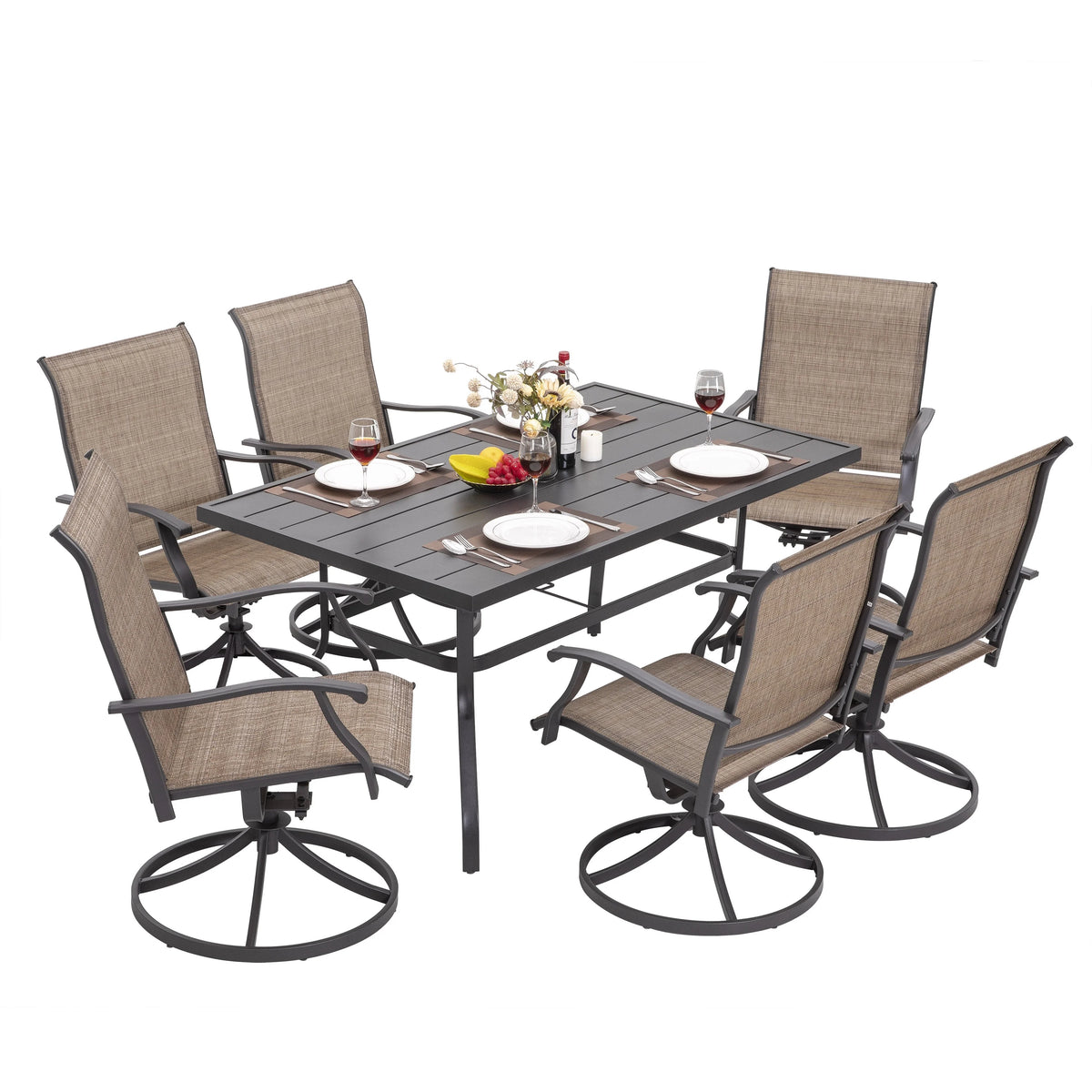 Nuu Garden 5 Piece Outdoor Patio Dining Set, Metal Patio Furniture Set 4 Textilene Swivel Chairs and 37" Square Iron Umbrella Dining Table,Black and Brown