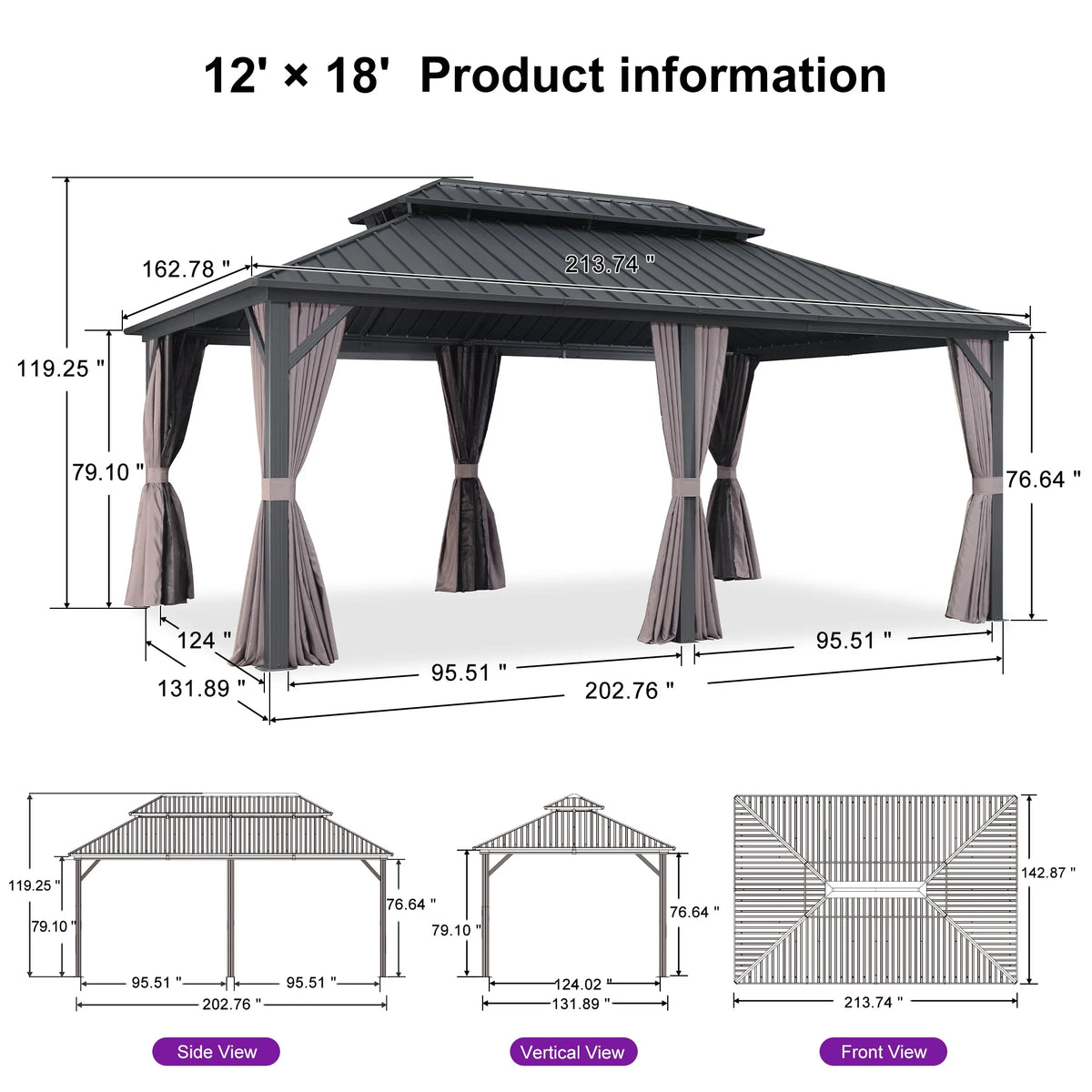 PURPLE LEAF 8' X 8' Gazebo Outdoor Gazebo Permanent Hardtop Gazebo with Galvanized Steel Double Roof for Patio Backyard Deck Aluminum Gazebo with Netting and Curtains Grey