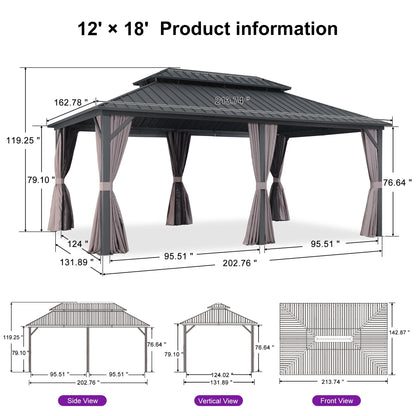 PURPLE LEAF 8' X 8' Gazebo Outdoor Gazebo Permanent Hardtop Gazebo with Galvanized Steel Double Roof for Patio Backyard Deck Aluminum Gazebo with Netting and Curtains Grey