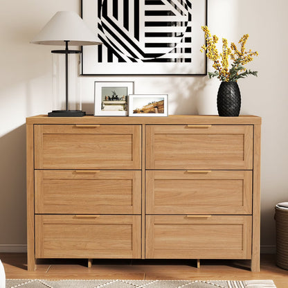ARKANTOS Wooden 6 Drawer Double Dressers, Wide Chests of Drawers for Bedroom, Natural Oak