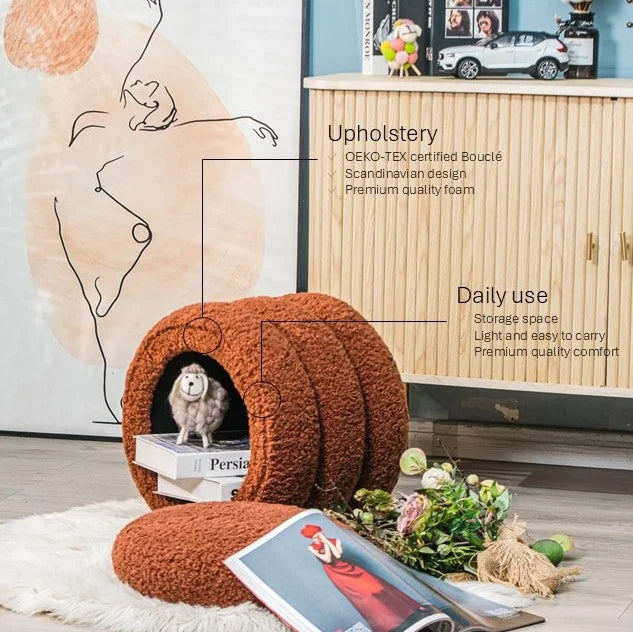 White Boucle Pouf with Storage Vintage Style Living Room