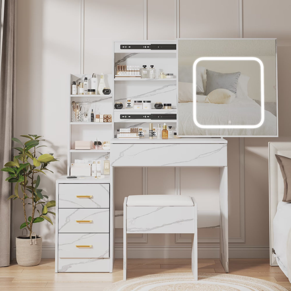 Vanity Desk with Sliding Mirror and Lights, Makeup Vanity Set with 4 Drawers, Stool, Power Outlet, Open Shelves, 3 Color Adjustable Lighting Modes, Makeup Dressing Table for Bedroom, White