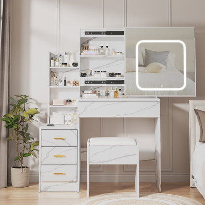 Vanity Desk with Sliding Mirror and Lights, Makeup Vanity Set with 4 Drawers, Stool, Power Outlet, Open Shelves, 3 Color Adjustable Lighting Modes, Makeup Dressing Table for Bedroom, White