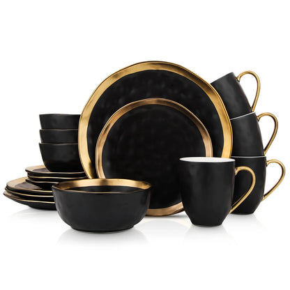 Stone Lain Florian Modern Porcelain Dish Set, 16-Piece Dishes for 4, Gold and Navy