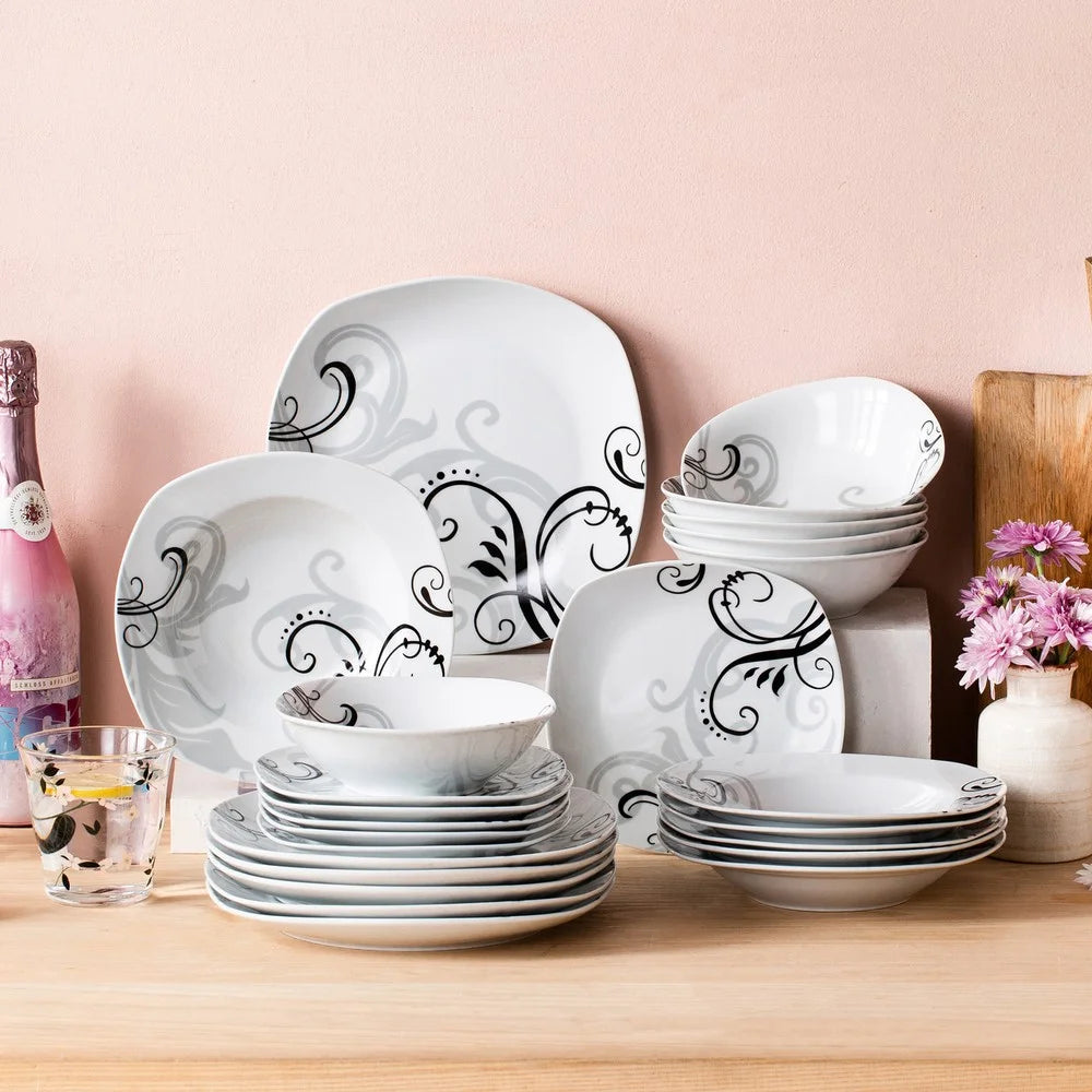 VEWEET ZOEY 24Pc Dinnerware Set Porcelain Tableware Plate Bowl Set Service for 6