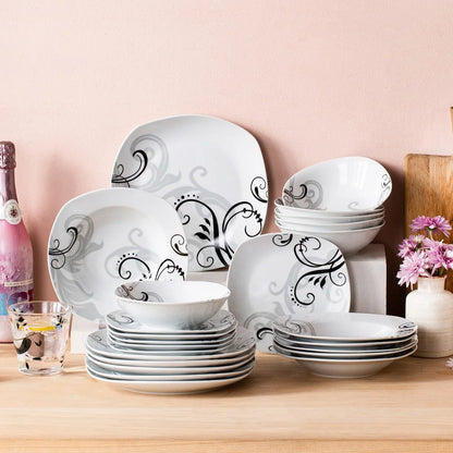 VEWEET ZOEY 24Pc Dinnerware Set Porcelain Tableware Plate Bowl Set Service for 6