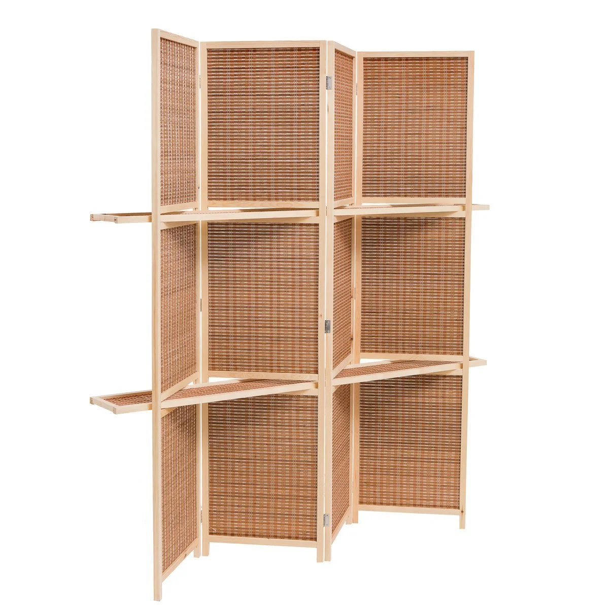 THY COLLECTIBLES Freestanding Wood Frame Woven Bamboo 4 Panels Hinged Privacy Panel Screen Partition Wall With 2 Display Shelves Holding Room Divider With Shelves-Bamboo (Brown)