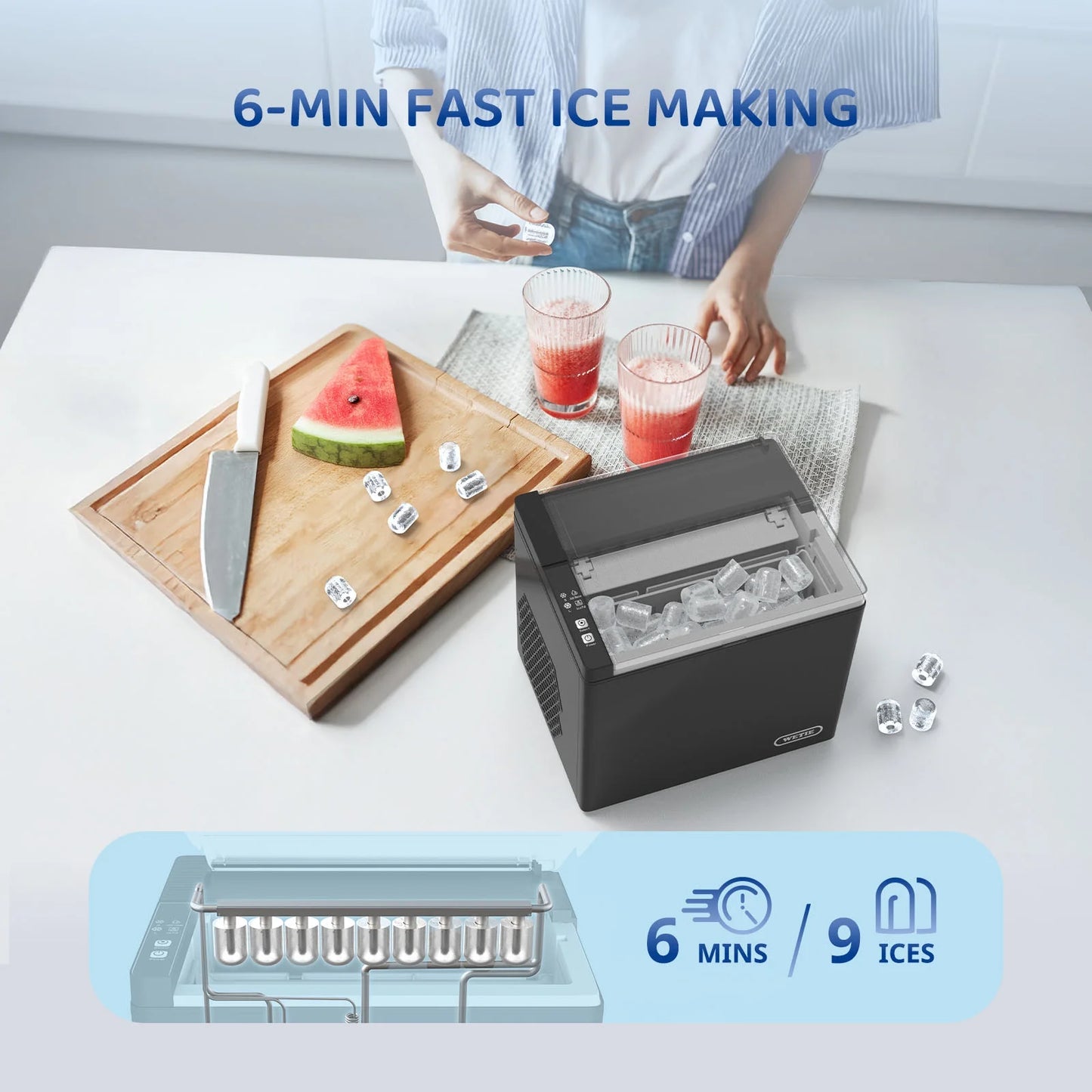 WETIE Countertop Ice Maker, 9 Bullet Ice Cubes in 6 Mins, 2 Ice Sizes, 26 lbs/24H with Removable & Washable Ice Tray & Scoop, with Self-Cleaning Function for Home/Kitchen/Camping/Party