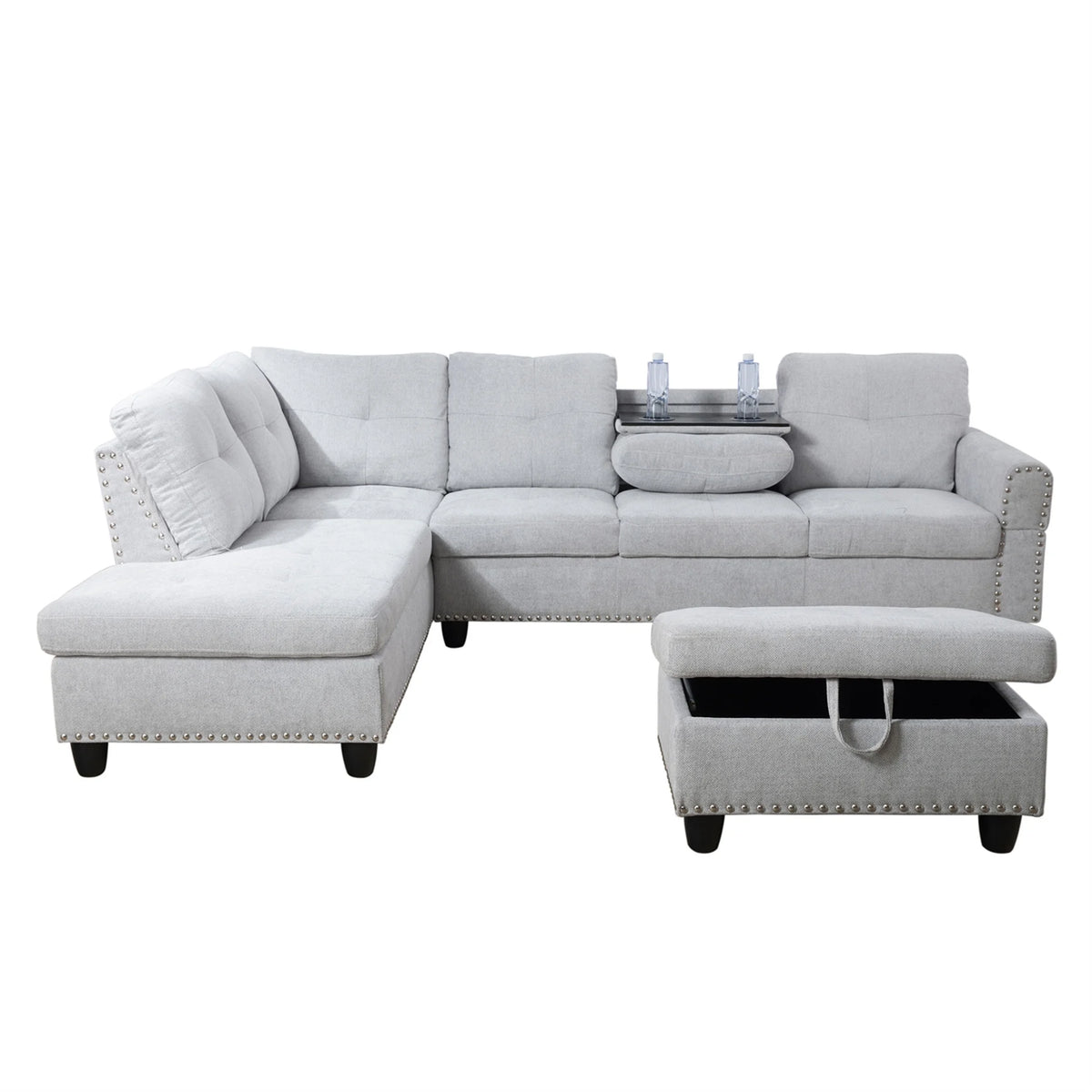 Aukfa 3 Piece Sectional Sofa, Living Room Couch with Storage Ottoman&Cup Holder, Linen, Right Hand, Purple
