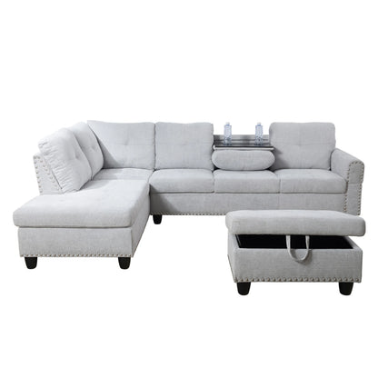 Aukfa 3 Piece Sectional Sofa, Living Room Couch with Storage Ottoman&Cup Holder, Linen, Right Hand, Purple