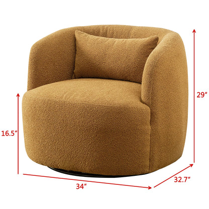 34" Wide Boucle Swivel Barrel Chair, No Assembly Round Upholstered Armchair Accent Chair Single Sofa Chair with Toss Pillow for Living Room and Bedroom, Taupe