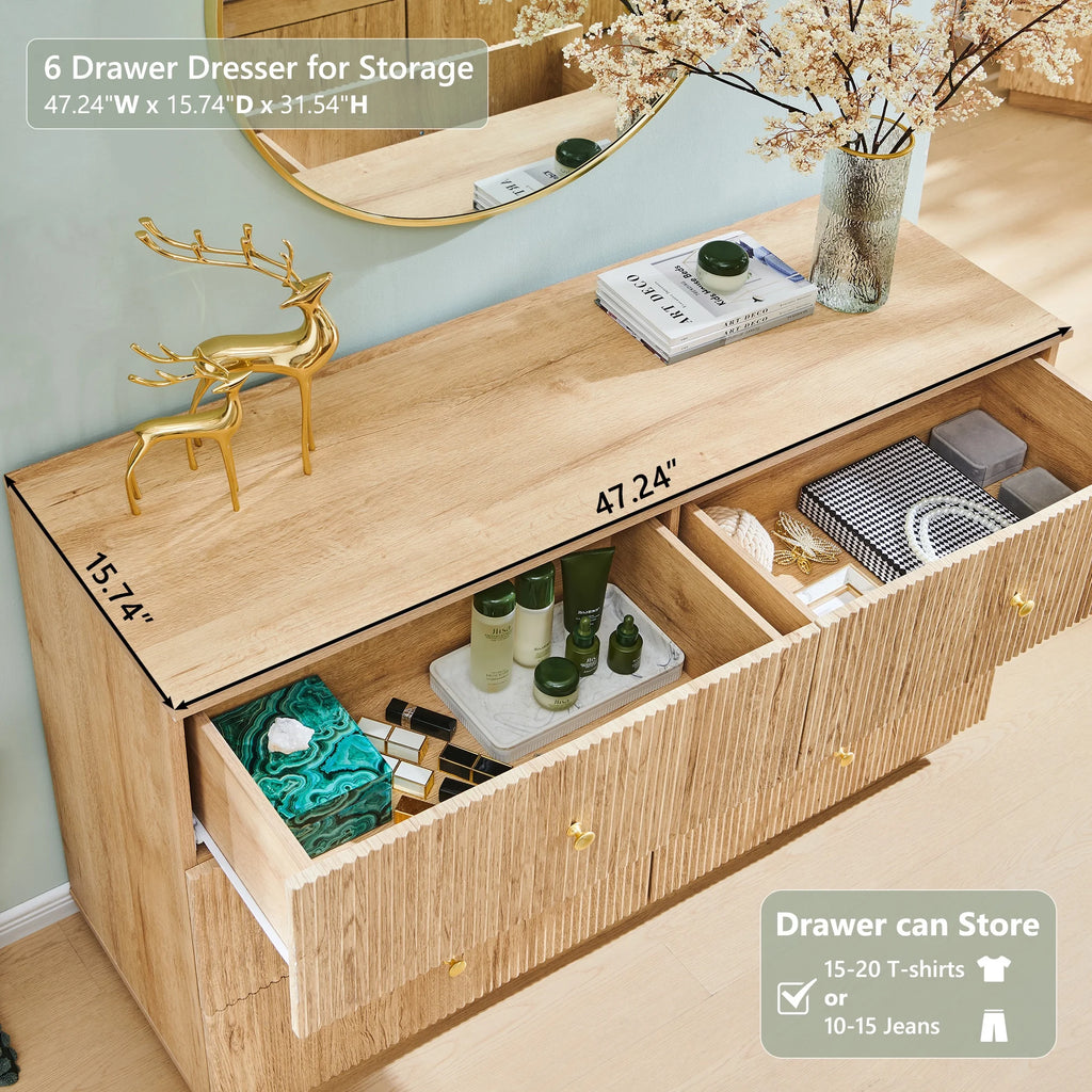 wow97e Fluted 6 Drawers Dresser, Wood 47" Tall Chest of Drawers with Deep Storage, Modern Bedroom Chest for Closet Hallway, Entryway, Living Room
