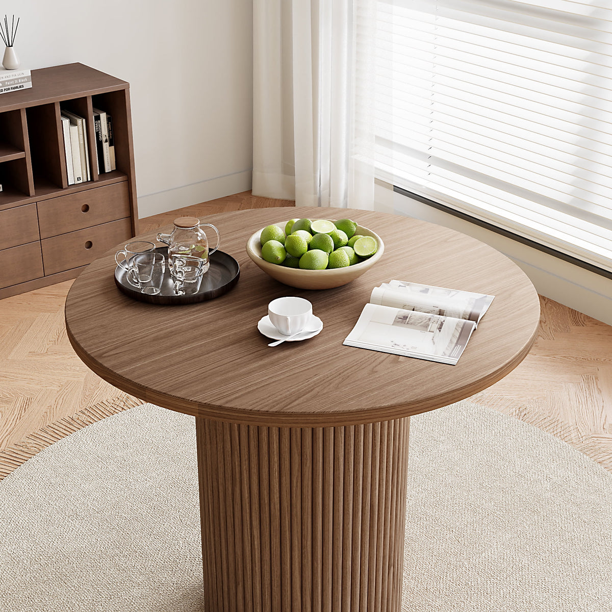 Rophefx 35.4" Solid Wood Round Dining Table with Handcrafted Relief Pedestal,Circle Dining Table,Walnut