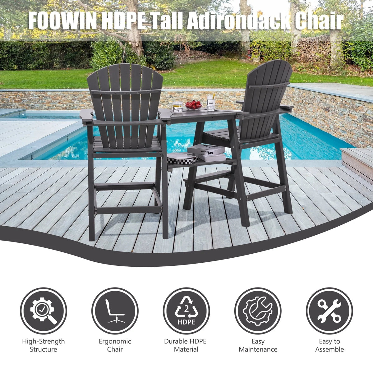 Tall Adirondack Chairs Set of 2，Outdoor Adirondack Barstools with Double Connecting Tray Patio Stools Weather Resistant for Outdoor Deck Lawn Pool Backyard,Grey