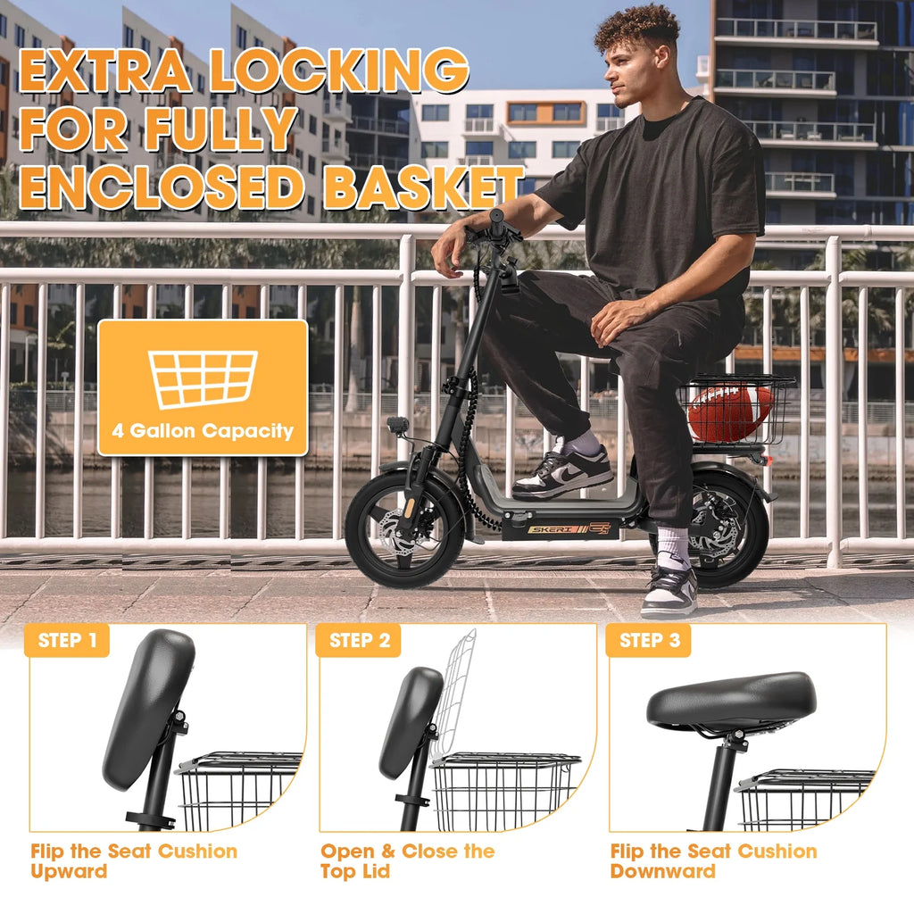 Skeri Electric Scooter with Seat for Adult and Basket, 14 Inch Tire Electric Scooter with Dual Shock Absorbers, 350W Motor with 25-Mile Range, Speed Up to 20 MPH (Gen 2.0)