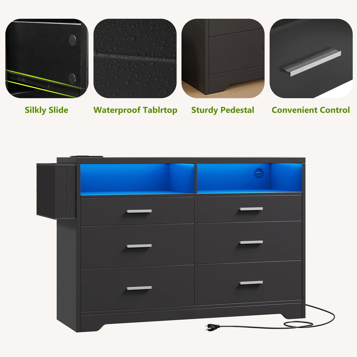 White Dresser for Bedroom,6 Drawers Dresserwith LED Lights and Charging Station, 47" Wide Bedroom Dresser Chest of Drawers Storage Organizer TV Stand for up to 55" TV for Living Room