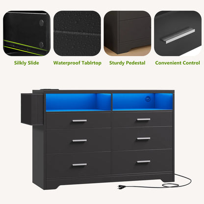 White Dresser for Bedroom,6 Drawers Dresserwith LED Lights and Charging Station, 47" Wide Bedroom Dresser Chest of Drawers Storage Organizer TV Stand for up to 55" TV for Living Room