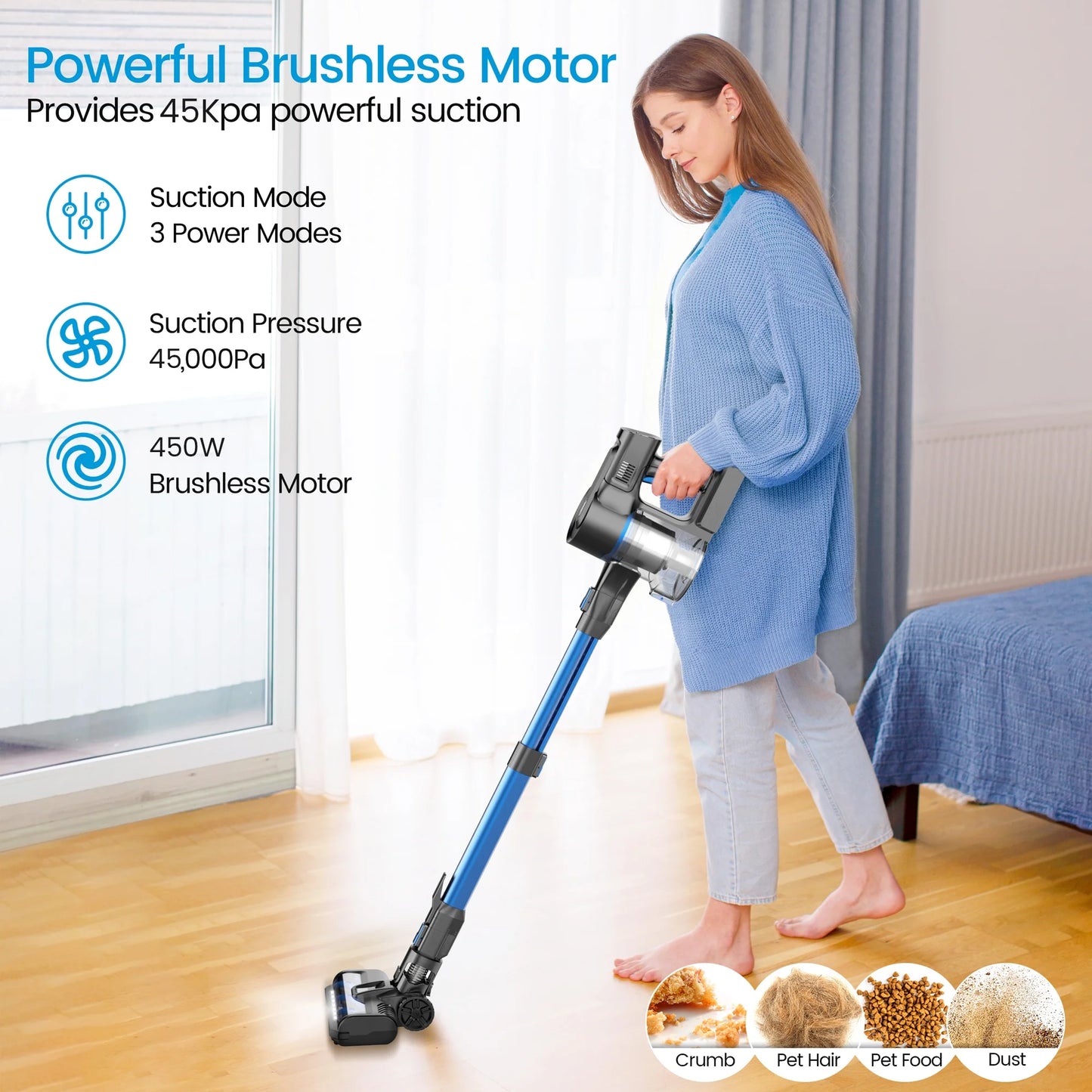 YOMATECH Cordless Vacuum Cleaner, 30Kpa/365W Powerful Stick Vacuum, 6 in 1 Lightweight Vacuum Cleaners for Home Hardfloor Carpet Pet Hair