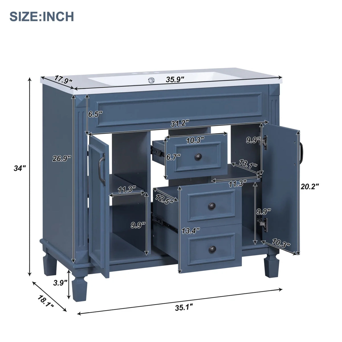 36'' Bathroom Vanity Set, Undermount Bathroom Cabinet and Mirror Cabinet, Ceramic Sink Top, Storage Cabinet with 2 Soft Closing Doors and 2 Drawers, Vanity Cabinet Set, Suit for 4'' Faucet, Gray