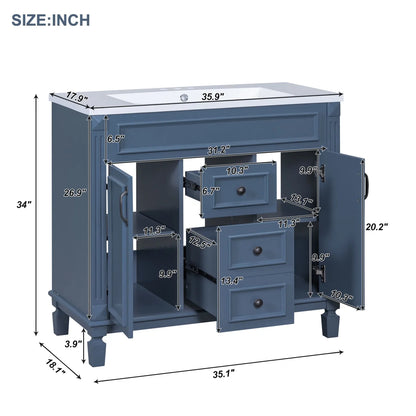 36'' Bathroom Vanity Set, Undermount Bathroom Cabinet and Mirror Cabinet, Ceramic Sink Top, Storage Cabinet with 2 Soft Closing Doors and 2 Drawers, Vanity Cabinet Set, Suit for 4'' Faucet, Gray