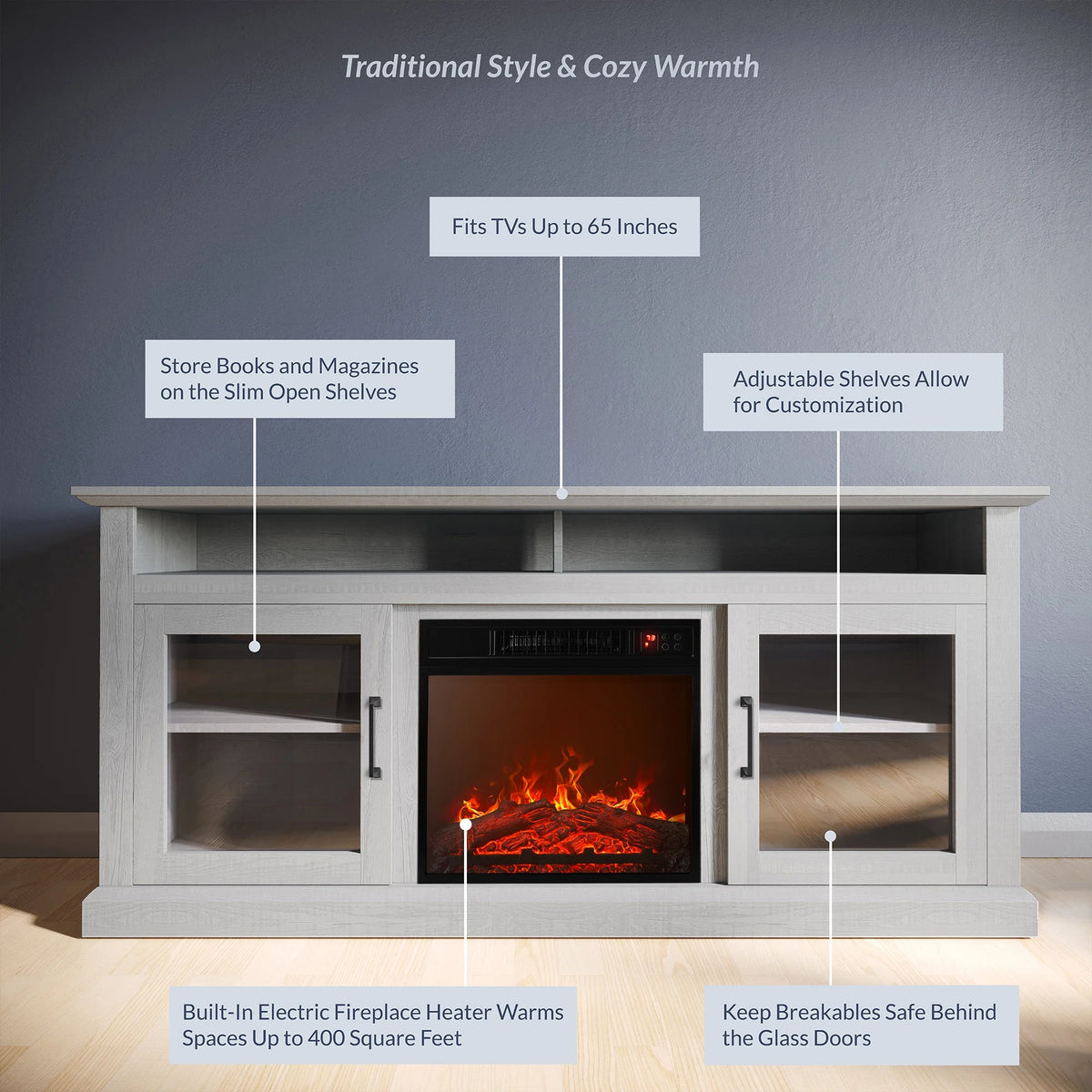 BELLEZE 60" TV Stand with 18" Electric Fireplace, Traditional TV Stand for TVs up to 65", Modern Media Entertainment Center Console Table with Open Storage Shelves & Cabinets - Cayman (Rustic Grey)