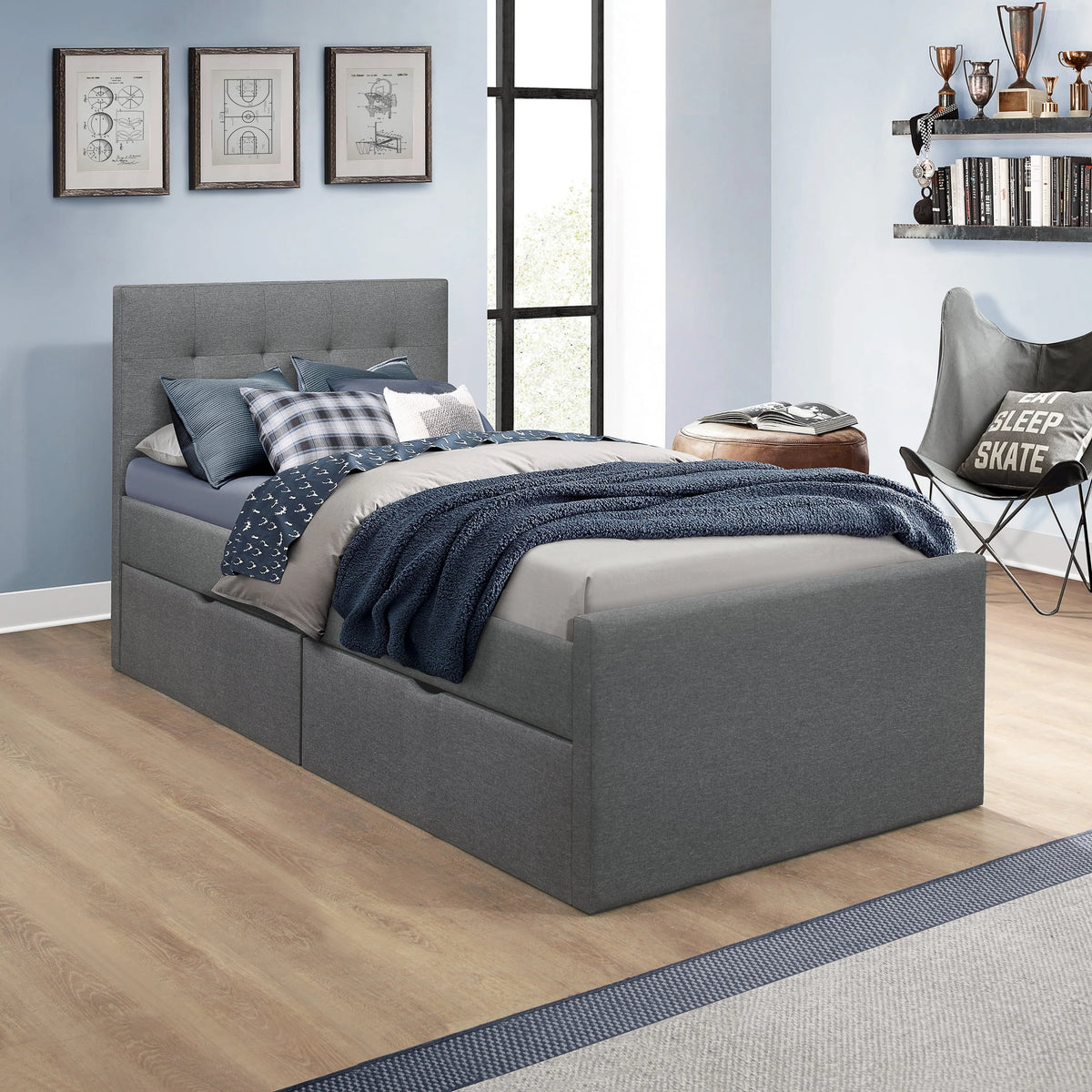Emory Upholstered Twin Platform Bed with 2 Storage Drawers, Gray, by Hillsdale Living Essentials