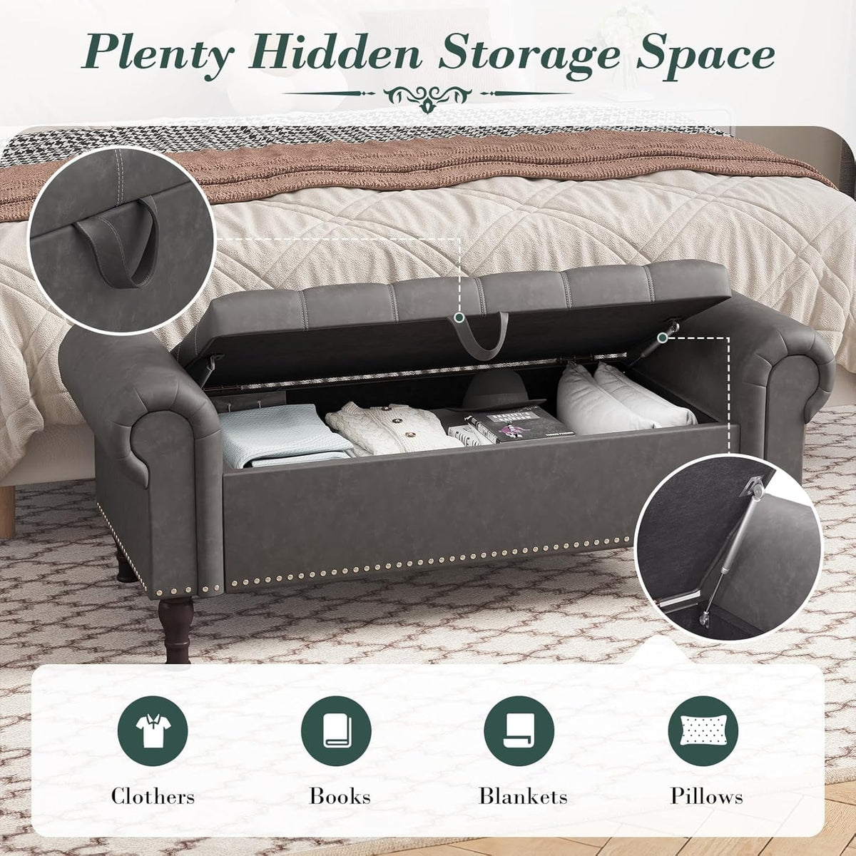 YOUDENOVA Storage Ottoman Bench for Bedroom 51" Queen Leather Storage Bench with Button, Upholstered Bedroom Bench with Rolled Arms for Living Room, Storage Room, Entryway, Gray